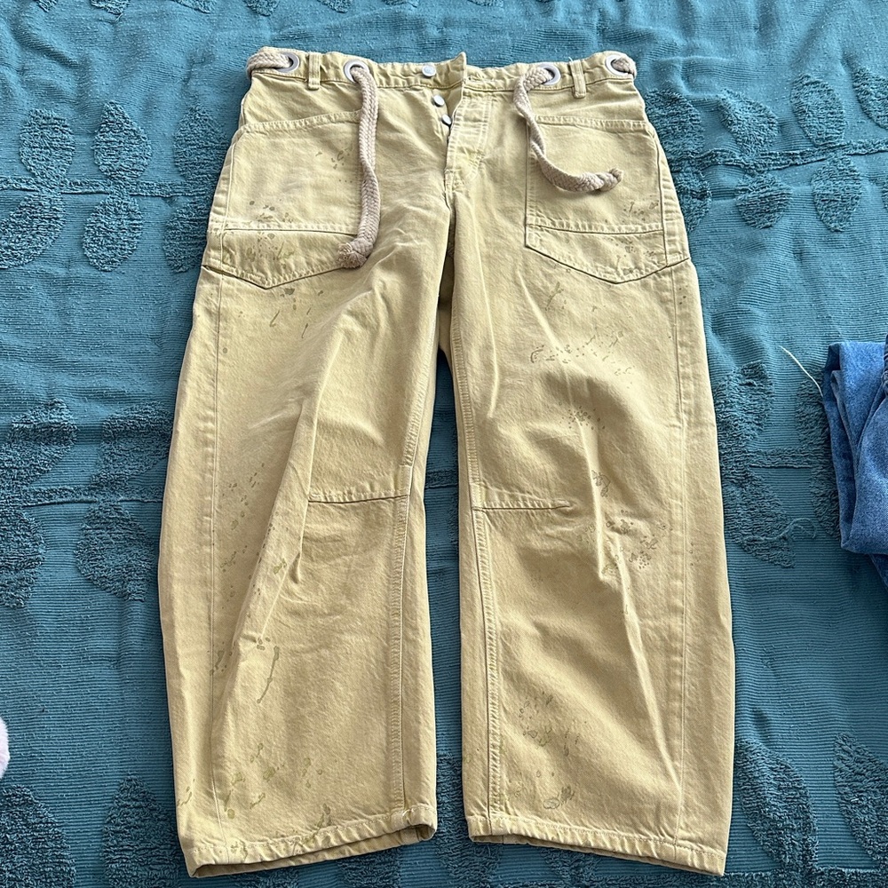 Free People Light Yellow Cropped Wide-Leg Pants